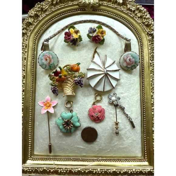 Bundle Ceramic Flower Earrings Enamel Brooch & Stick Pins Painted Porcelain - Picture 1 of 4